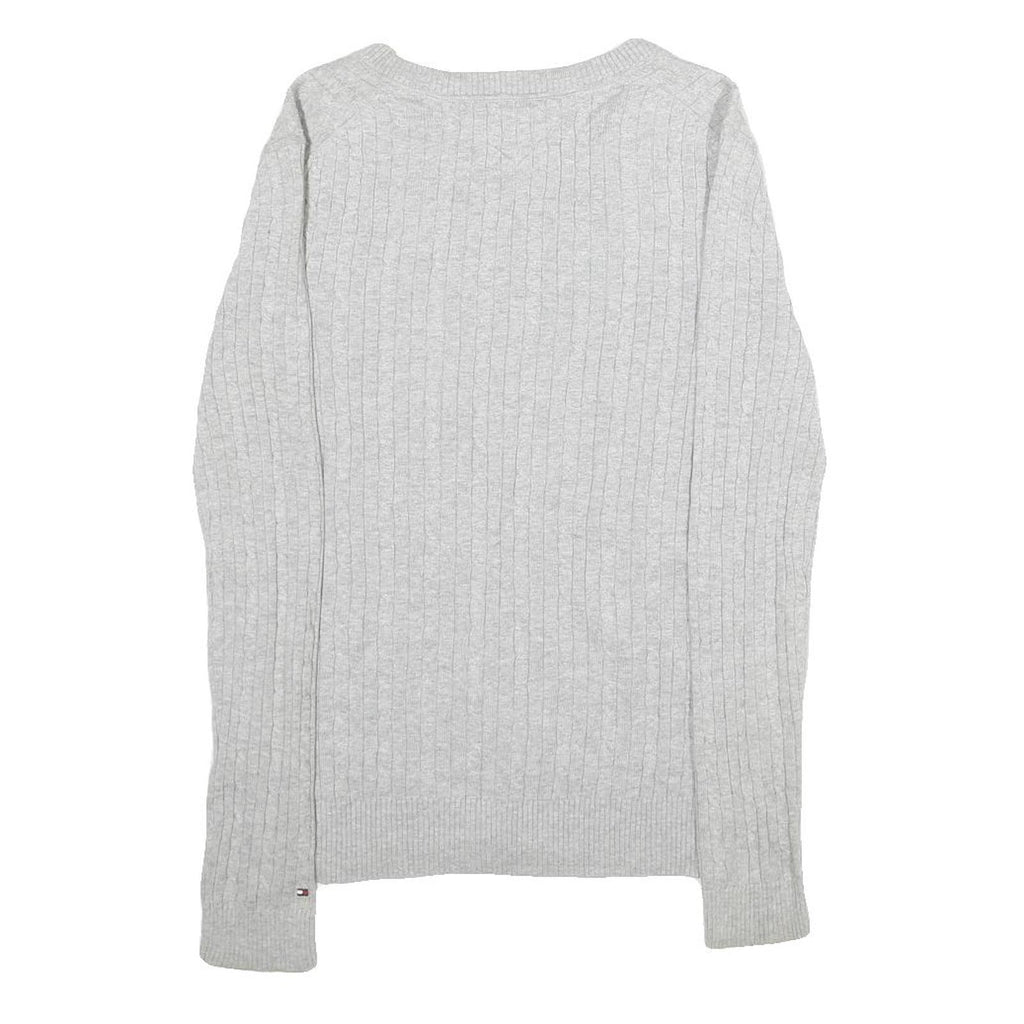 TOMMY HILFIGER Womens Grey Plain Cotton Jumper V-Neck Basic Knit Size S