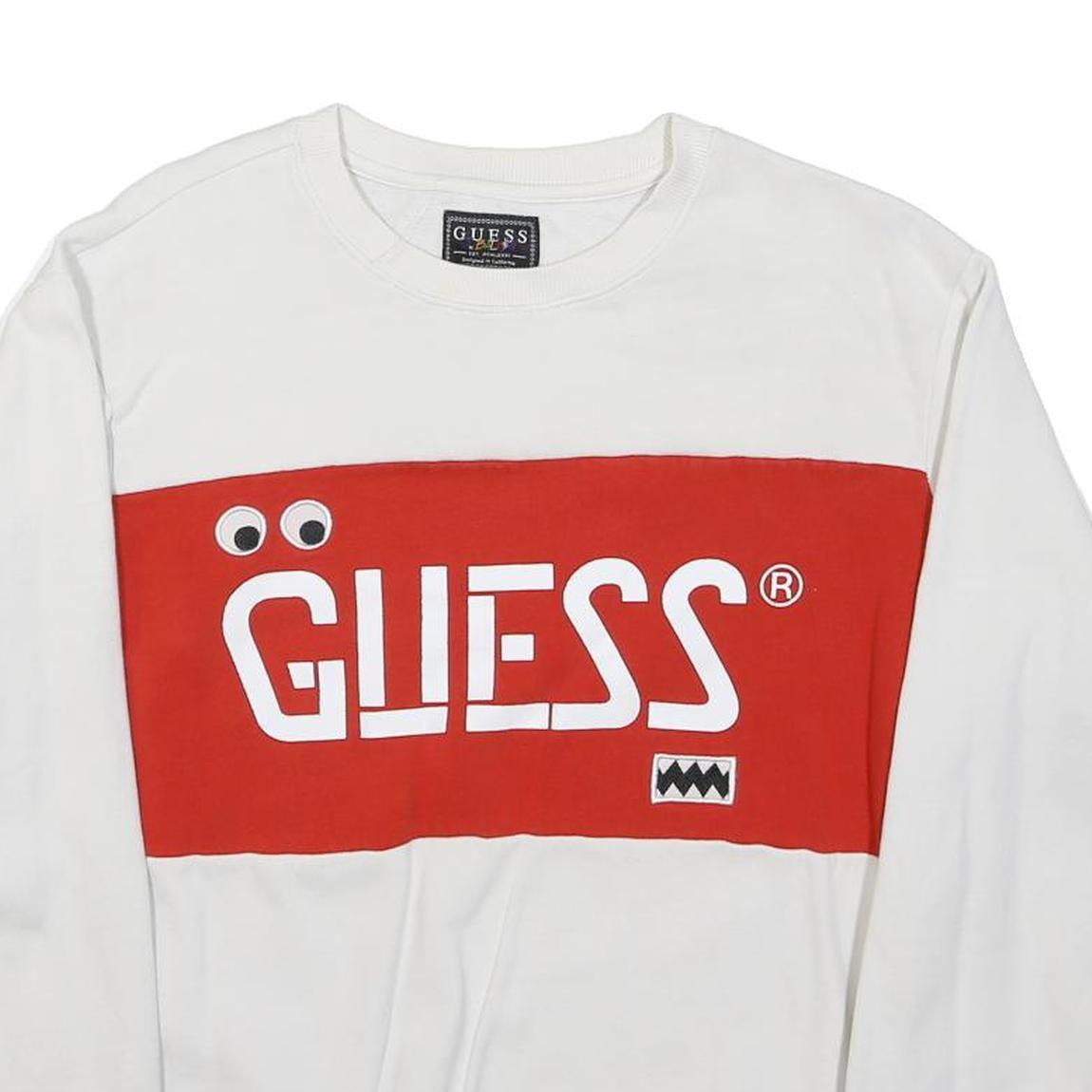 GUESS Mens White & Red Logo Crew Neck S Sweatshirt Casual Cotton Blend
