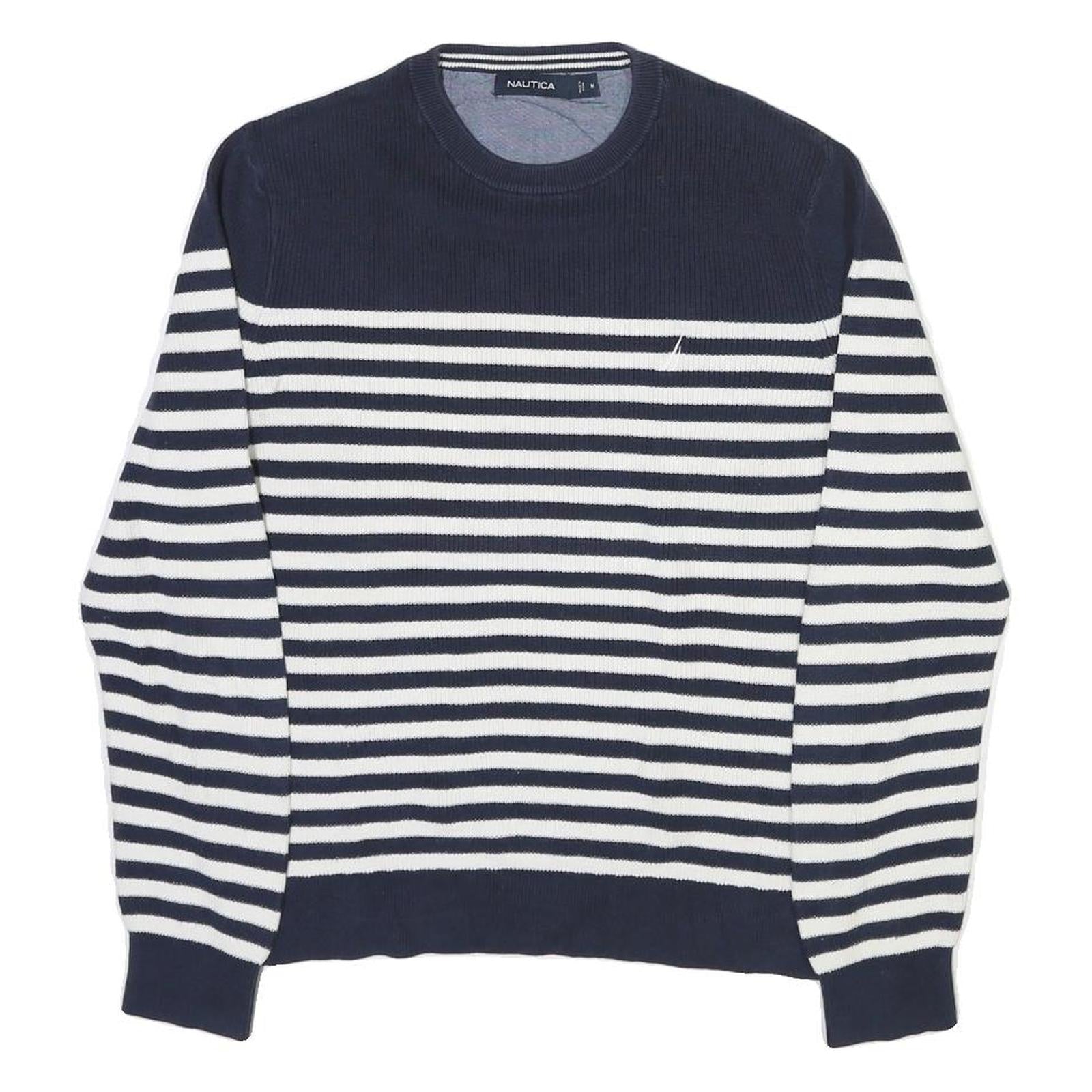 NAUTICA Mens Navy & White Striped Patterned Crew Neck Jumper Cotton Blend M