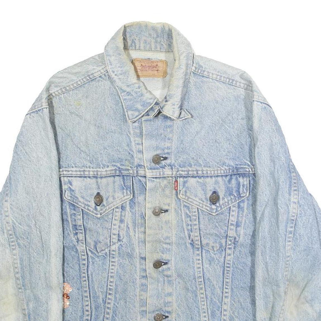 LEVI'S Womens Blue Denim Cotton Button Jacket L Embellished Bee Floral