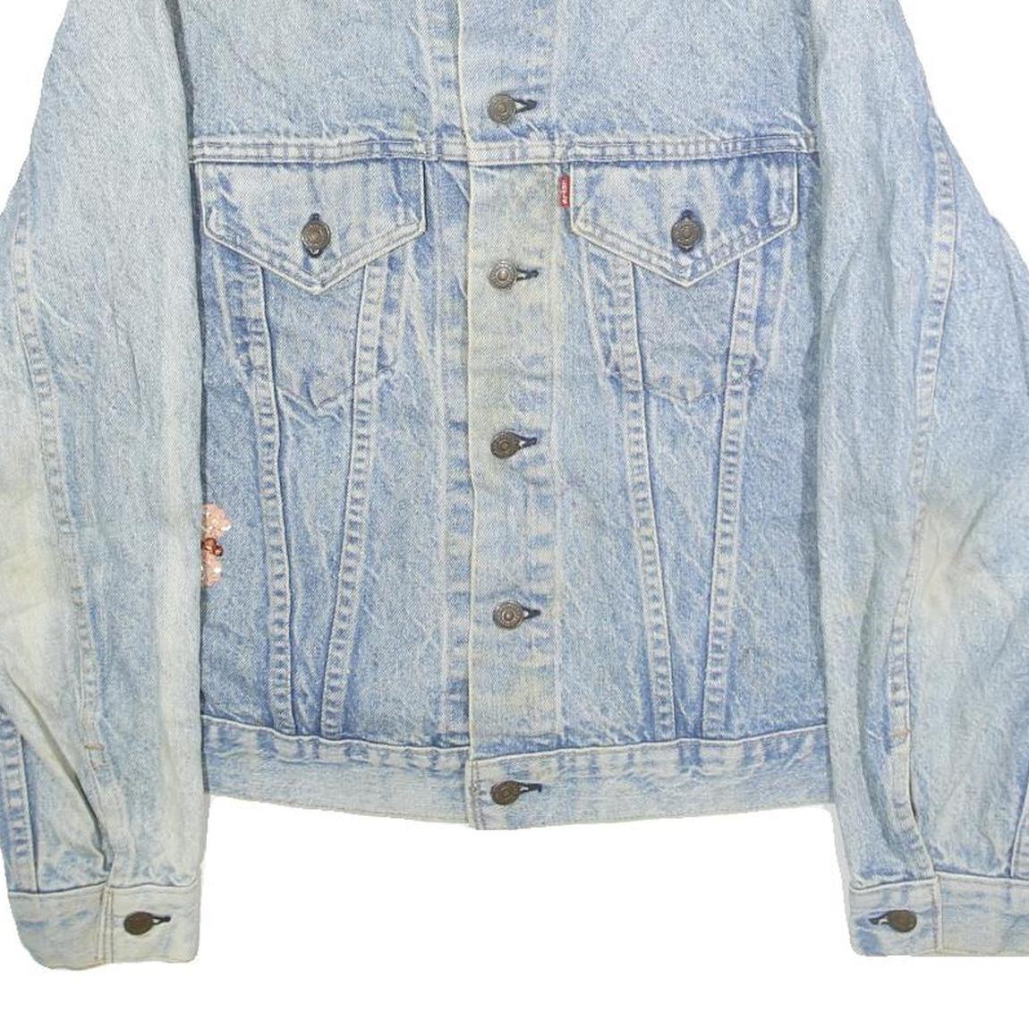 LEVI'S Womens Blue Denim Cotton Button Jacket L Embellished Bee Floral