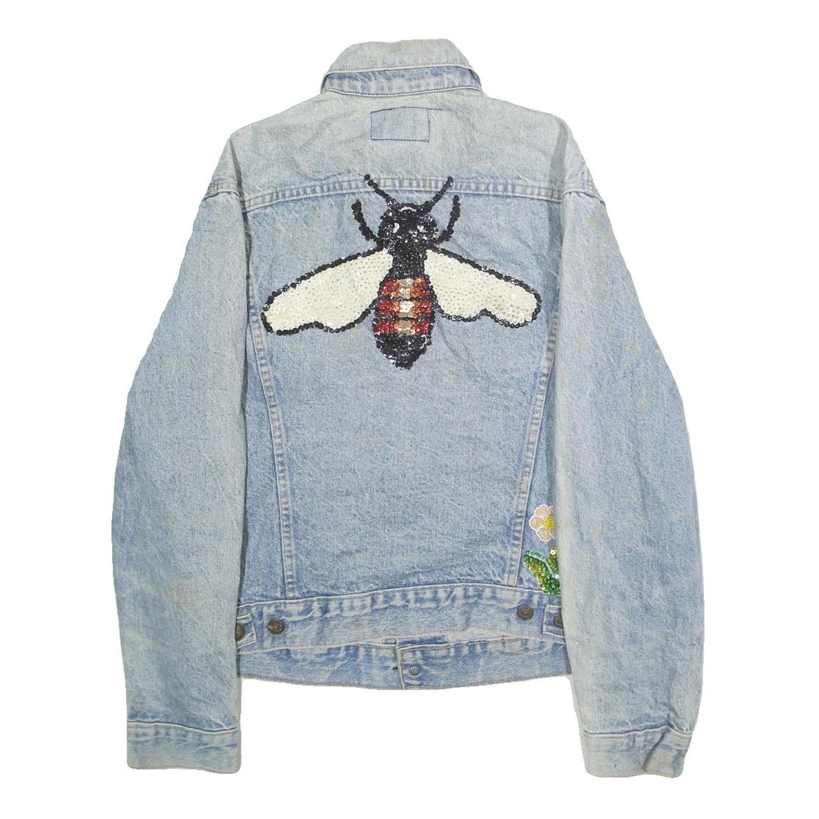 LEVI'S Womens Blue Denim Cotton Button Jacket L Embellished Bee Floral