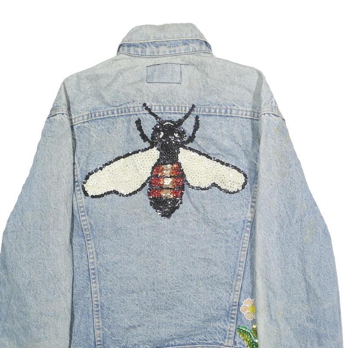 LEVI'S Womens Blue Denim Cotton Button Jacket L Embellished Bee Floral