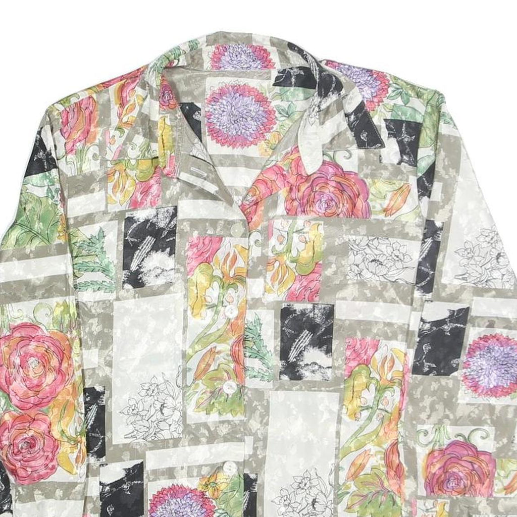 Womens Beige Printed Shirt Long Sleeve Collared Floral Patchwork L Polyester Top
