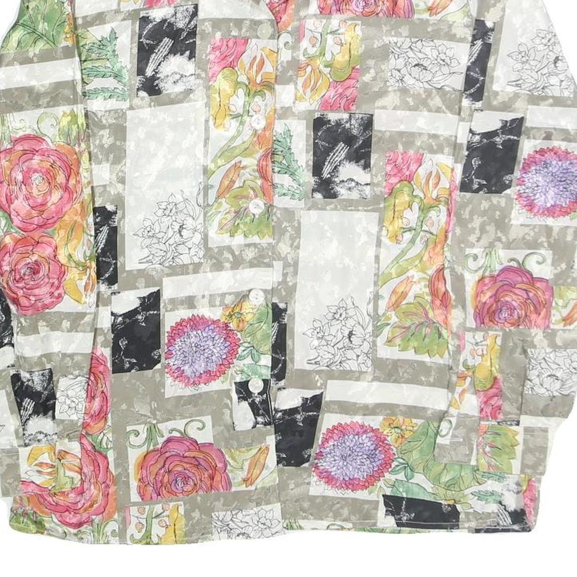 Womens Beige Printed Shirt Long Sleeve Collared Floral Patchwork L Polyester Top