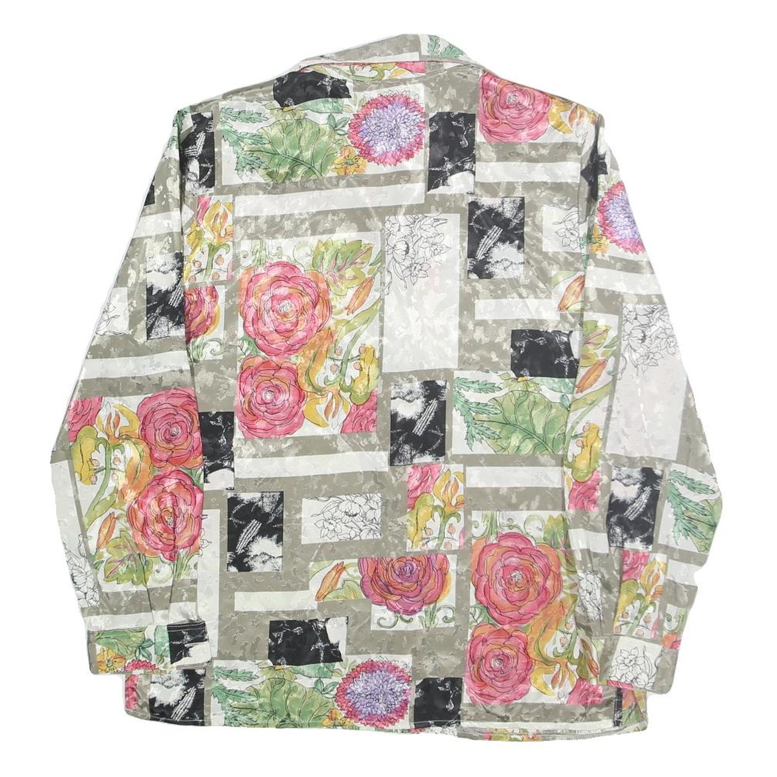 Womens Beige Printed Shirt Long Sleeve Collared Floral Patchwork L Polyester Top