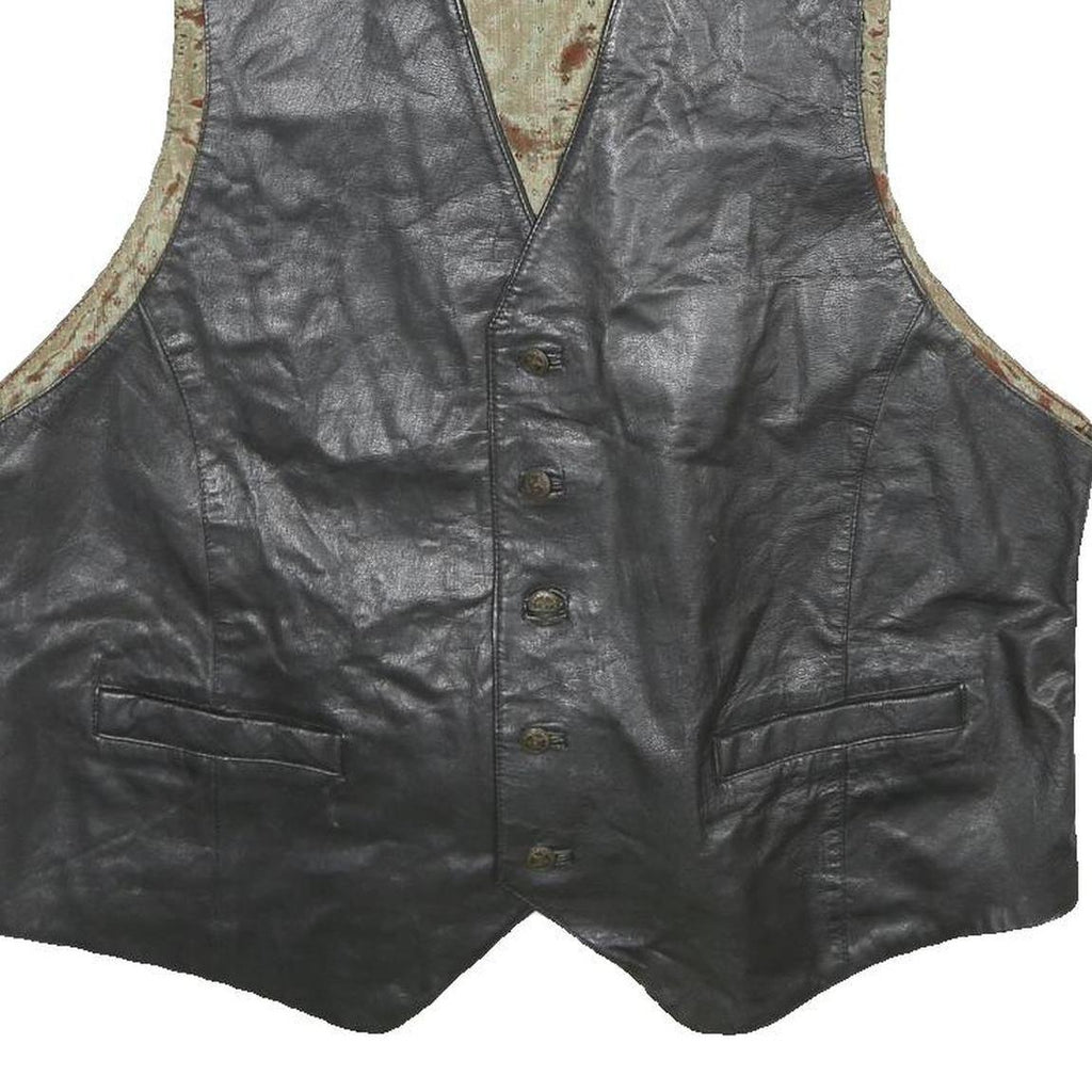 Mens Black Leather Button Jacket XL Plain Sleeveless Waistcoat Stylish