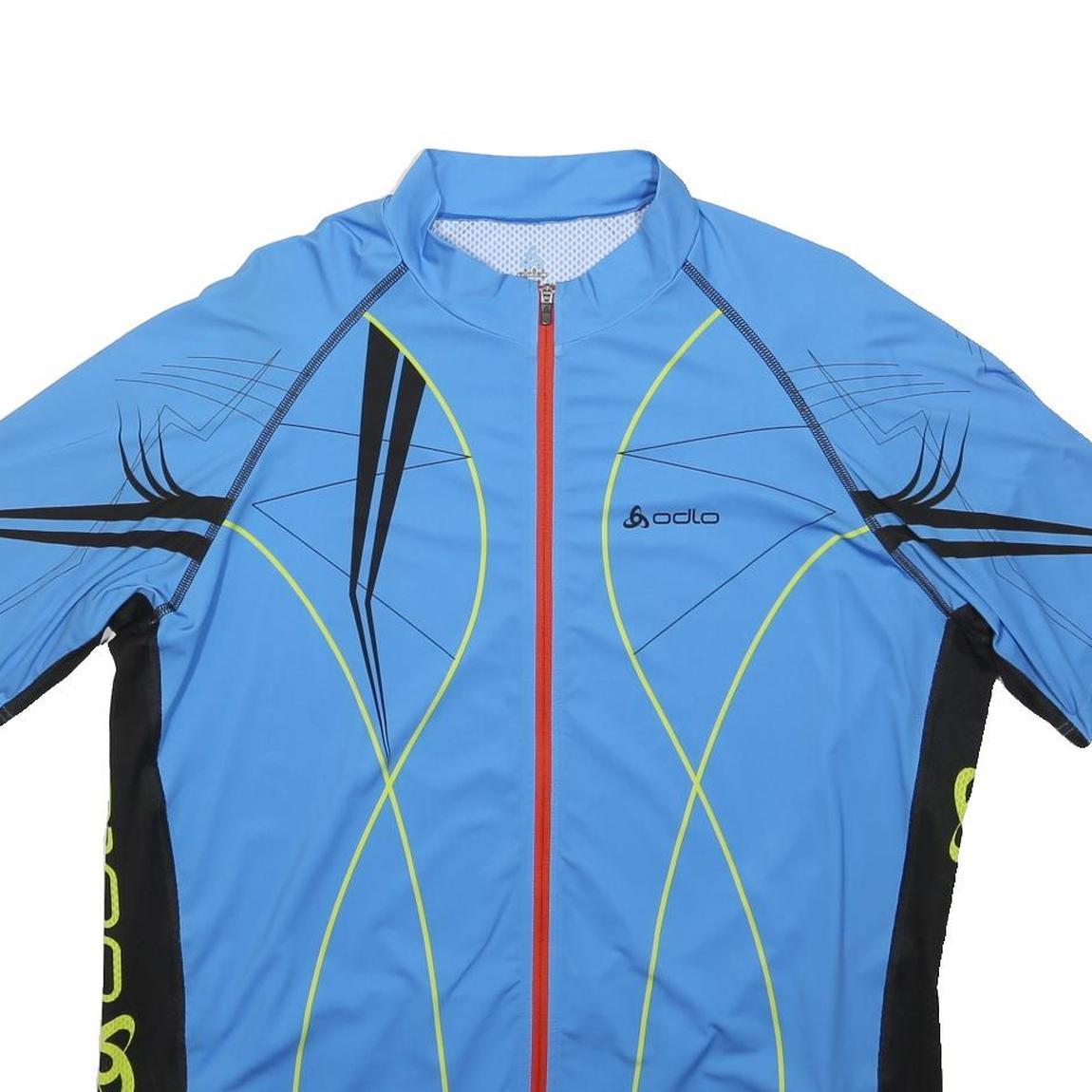 ODLO Mens Blue & Black Cycling T-Shirt 2XL Short Sleeve Zip Neckline Lightweight