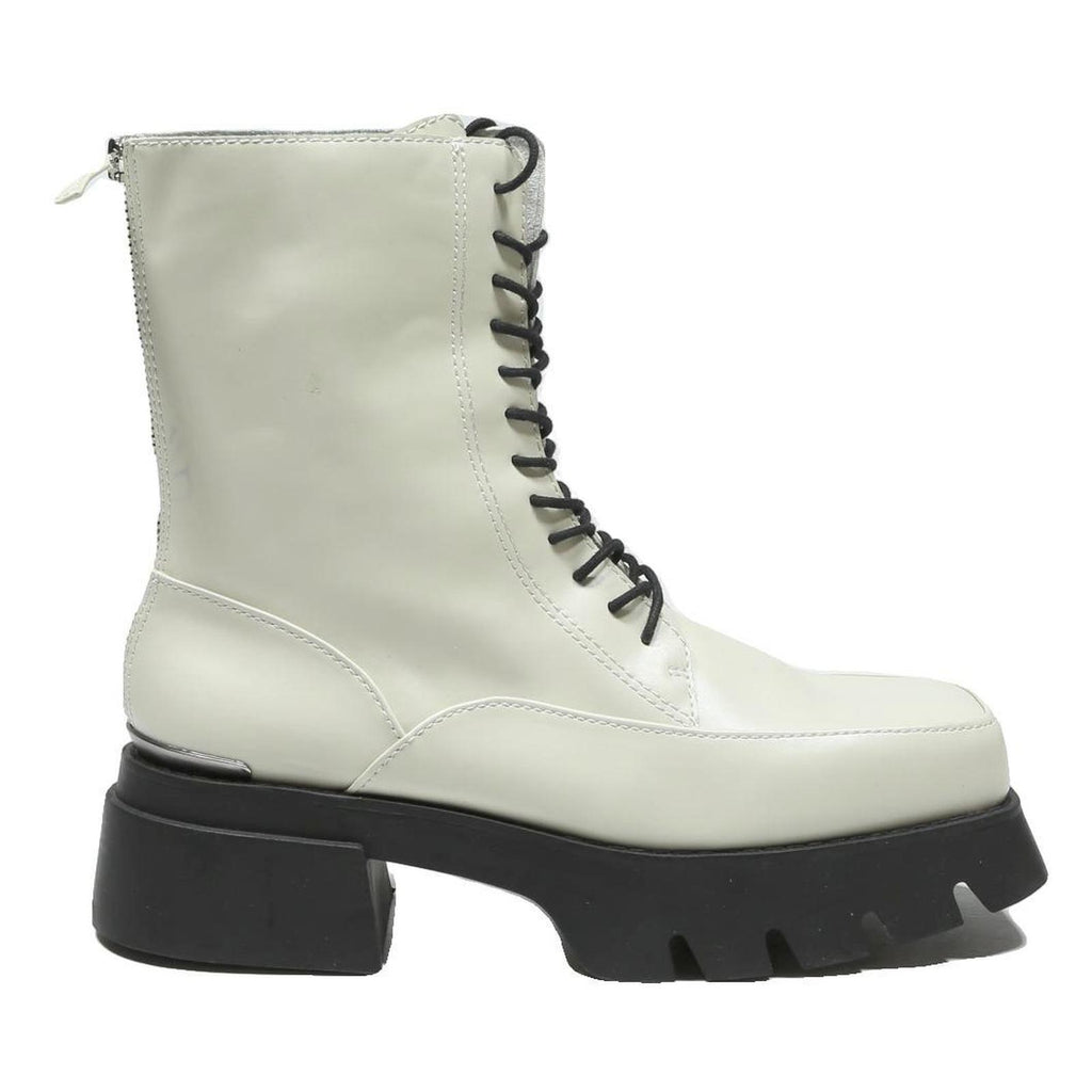 CHARLES & KEITH Womens Lace Up Ankle Boots White & Black Leather UK 4 Chunky