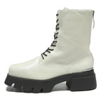 CHARLES & KEITH Womens Lace Up Ankle Boots White & Black Leather UK 4 Chunky
