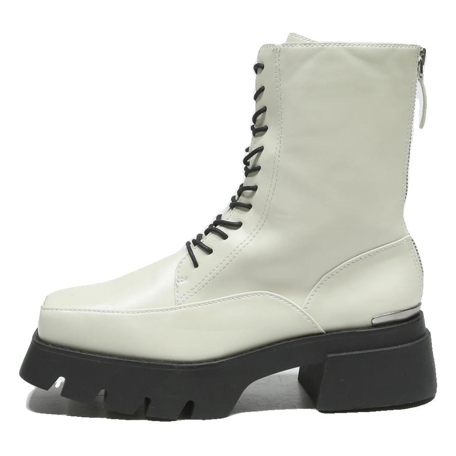 CHARLES & KEITH Womens Lace Up Ankle Boots White & Black Leather UK 4 Chunky