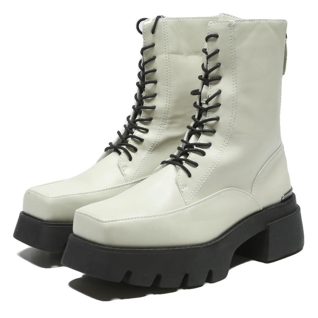CHARLES & KEITH Womens Lace Up Ankle Boots White & Black Leather UK 4 Chunky