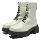 CHARLES & KEITH Womens Lace Up Ankle Boots White & Black Leather UK 4 Chunky