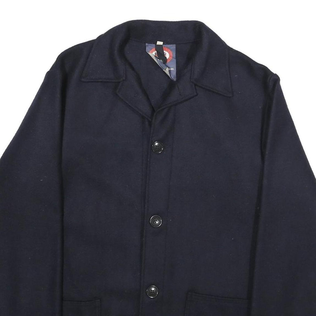 Mens Blue & Navy Wool Blend Coach Jacket M Button Plain Relaxed Fit Pockets