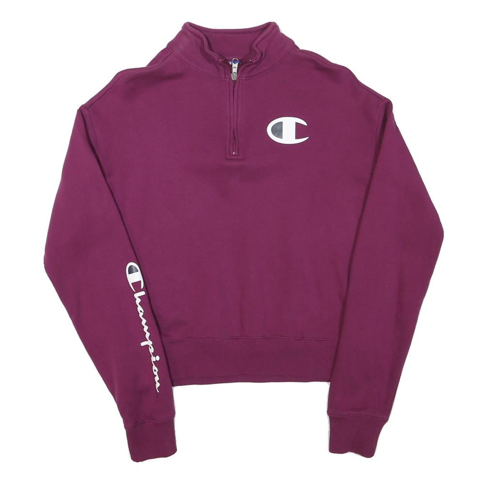 CHAMPION Womens Purple 1/4 Zip S Sweatshirt Logo Sleeve Zip Pullover