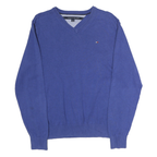 TOMMY HILFIGER Mens Blue Plain V-Neck Basic Knit Jumper M Cotton Casual Wear