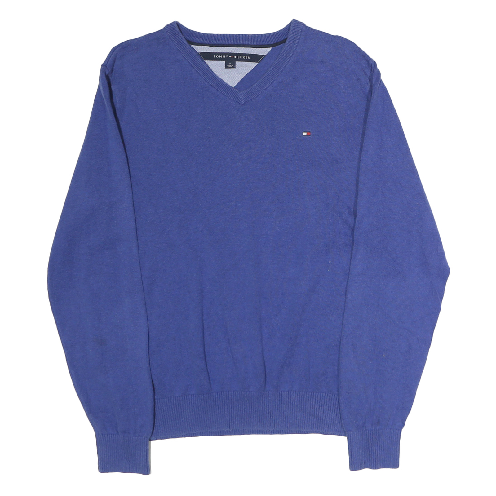 TOMMY HILFIGER Mens Blue Plain V-Neck Basic Knit Jumper M Cotton Casual Wear