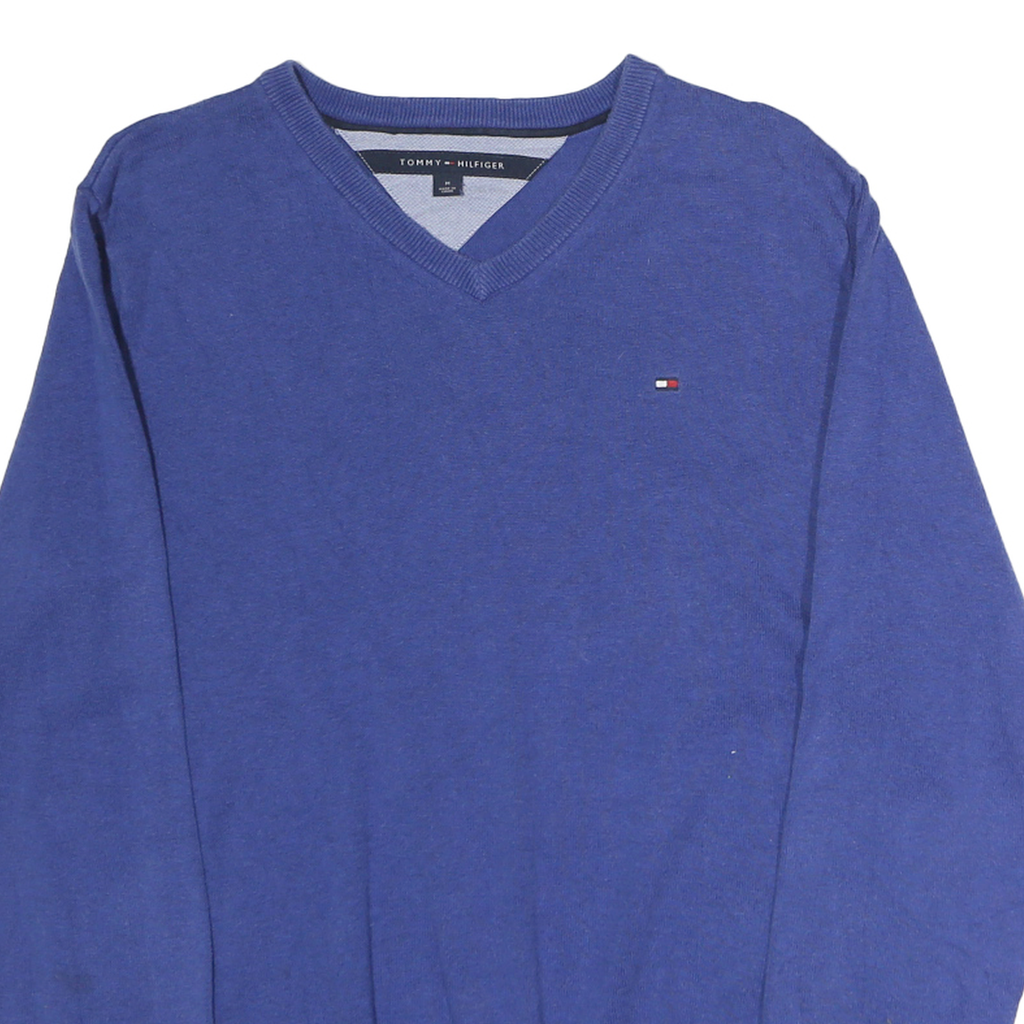 TOMMY HILFIGER Mens Blue Plain V-Neck Basic Knit Jumper M Cotton Casual Wear