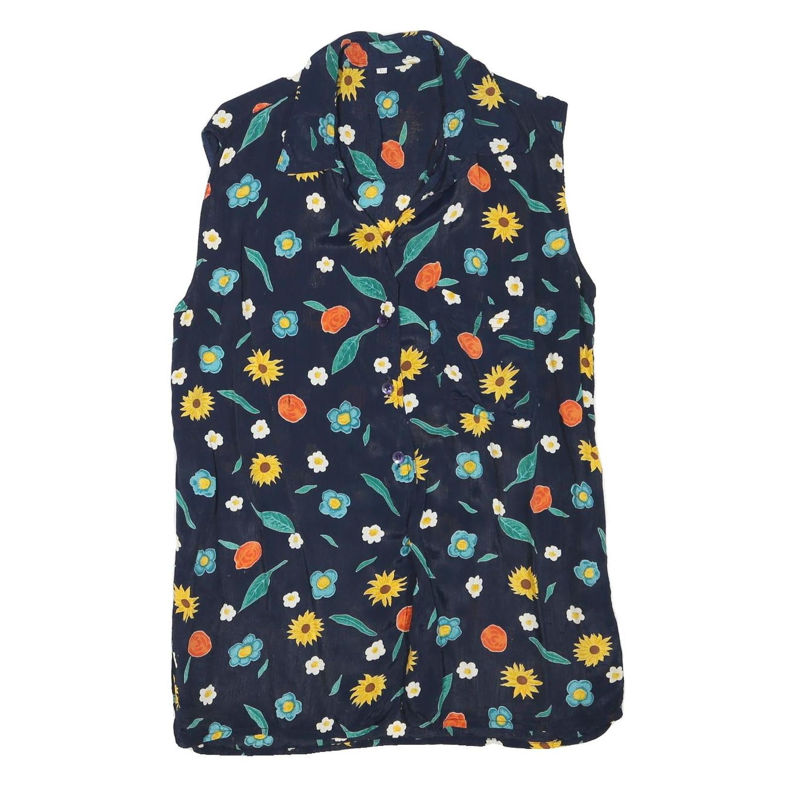 Womens Navy Blue Floral Sleeveless Shirt Button Neck L Summer Casual