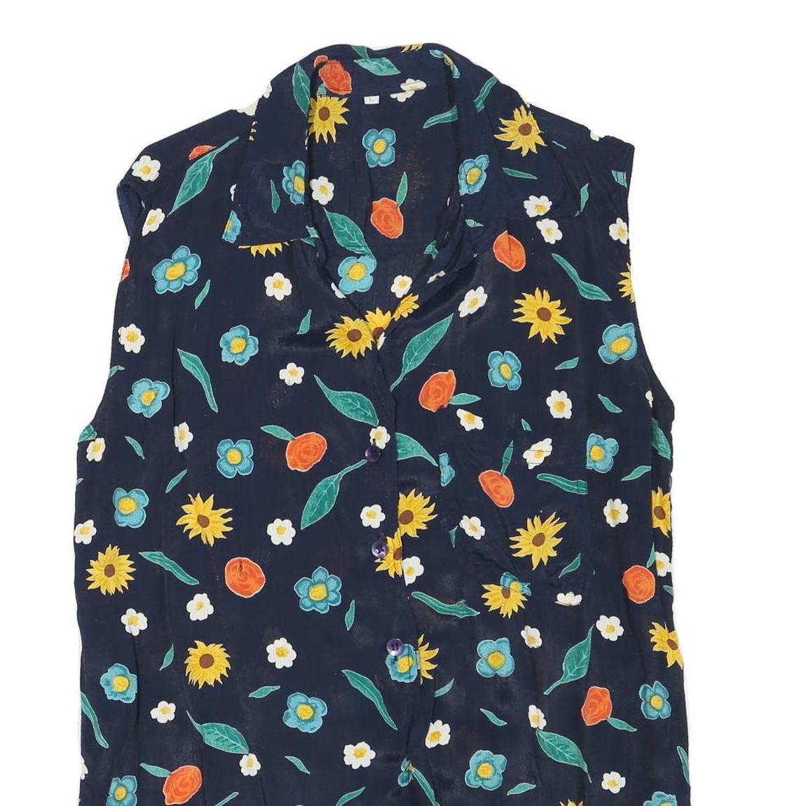 Womens Navy Blue Floral Sleeveless Shirt Button Neck L Summer Casual