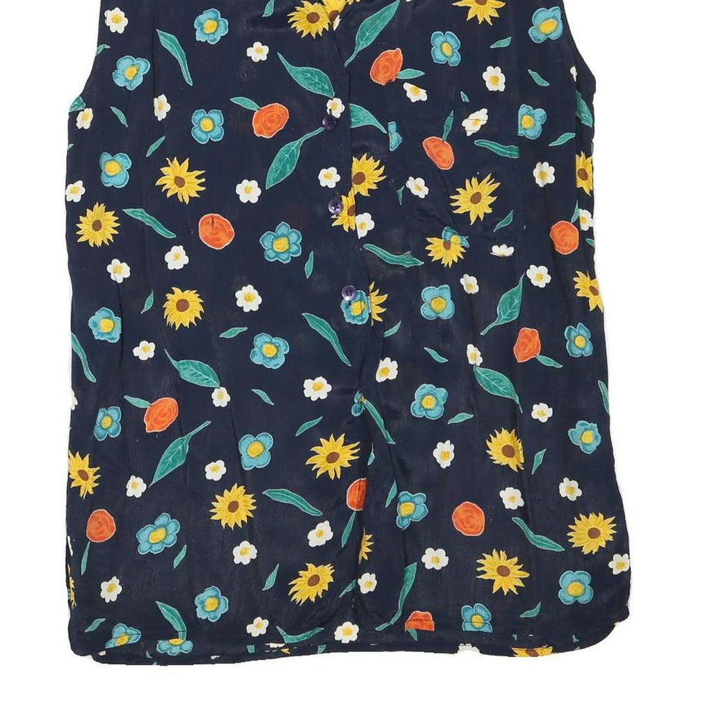 Womens Navy Blue Floral Sleeveless Shirt Button Neck L Summer Casual