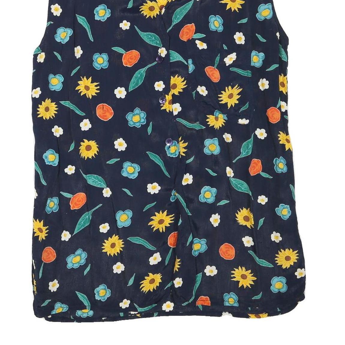 Womens Navy Blue Floral Sleeveless Shirt Button Neck L Summer Casual