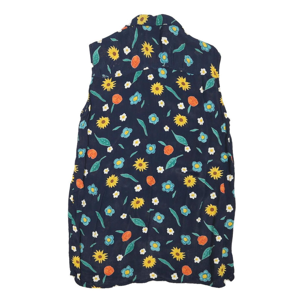 Womens Navy Blue Floral Sleeveless Shirt Button Neck L Summer Casual
