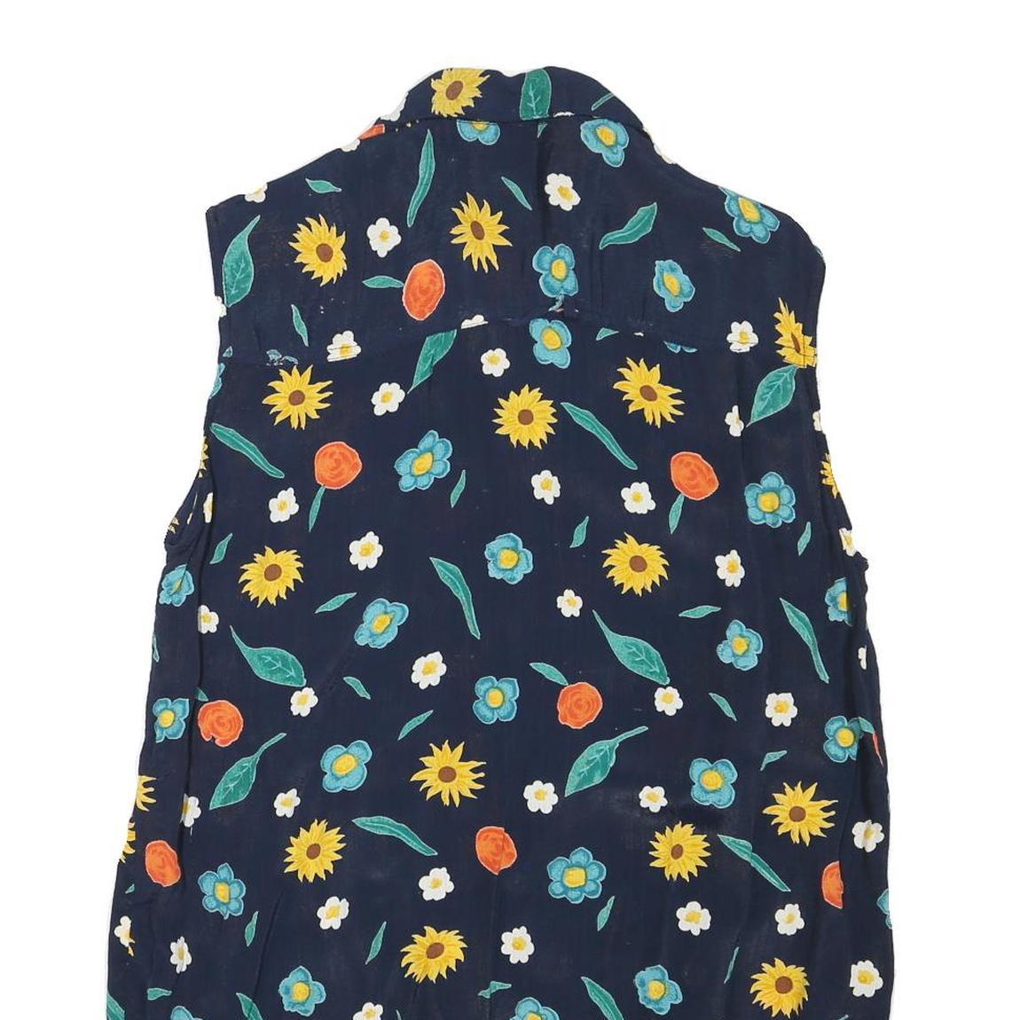 Womens Navy Blue Floral Sleeveless Shirt Button Neck L Summer Casual