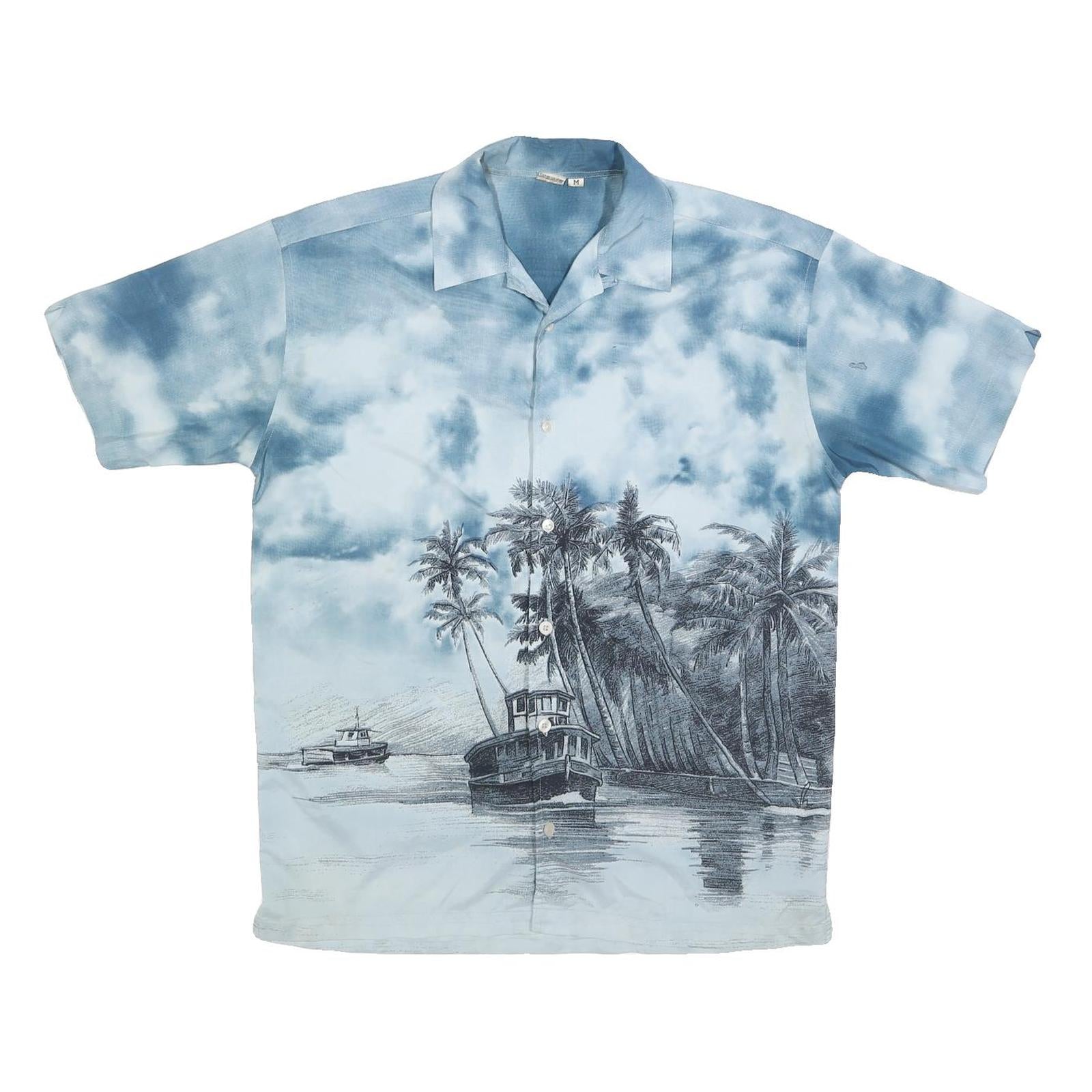 Mens Blue & Grey Tropical Boat Print Polyester Shirt M Casual Summer Beachwear