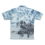 Mens Blue & Grey Tropical Boat Print Polyester Shirt M Casual Summer Beachwear