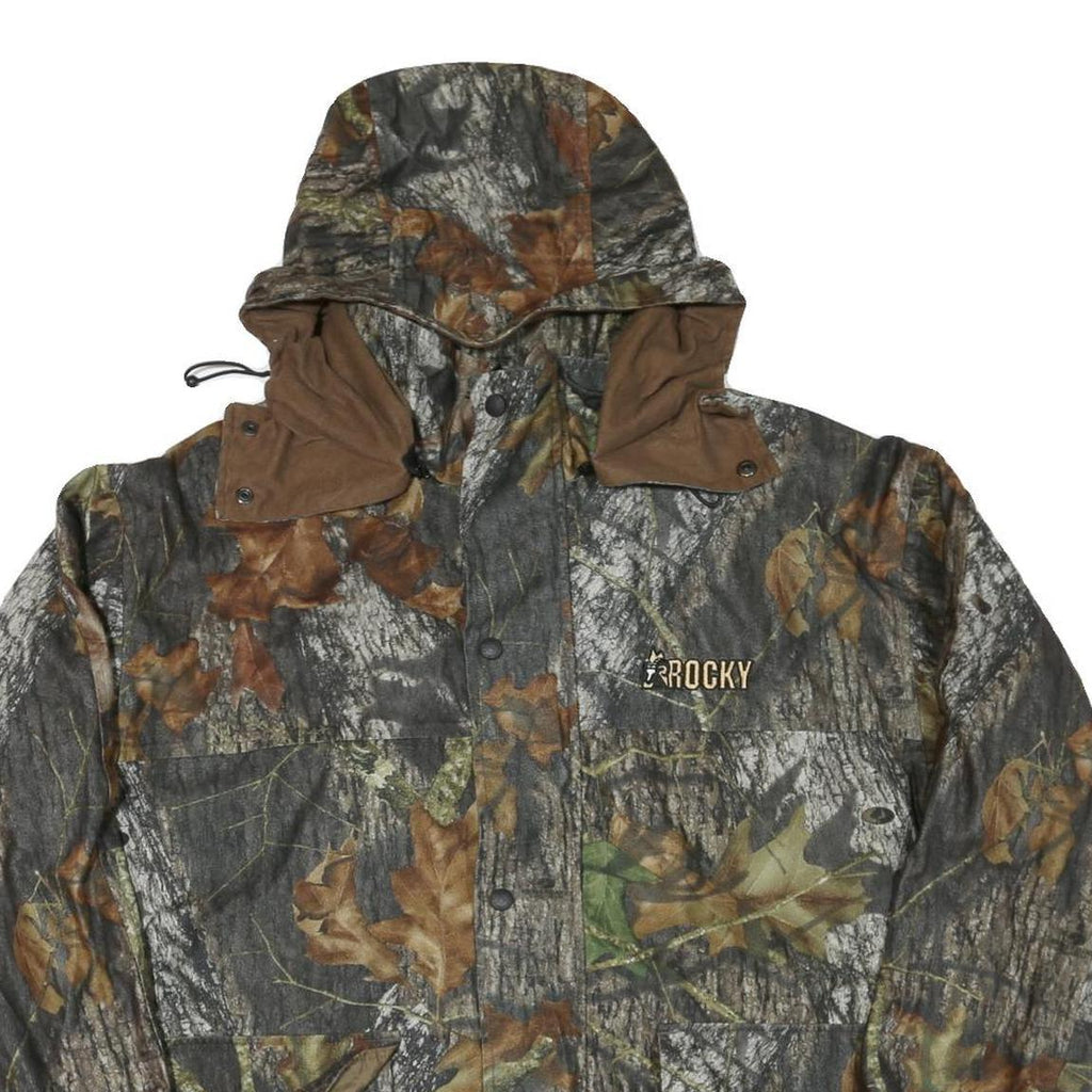 Mens Brown Camouflage Outdoor Jacket XL Polyester Blend Zip Hooded Rocky