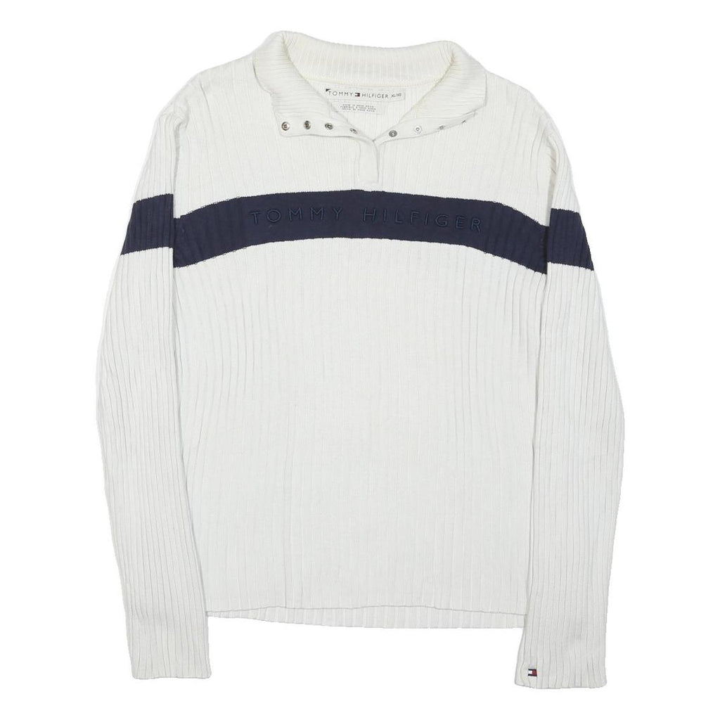 TOMMY HILFIGER Womens White & Navy Plain Pullover Cable Knit Jumper XL Cotton