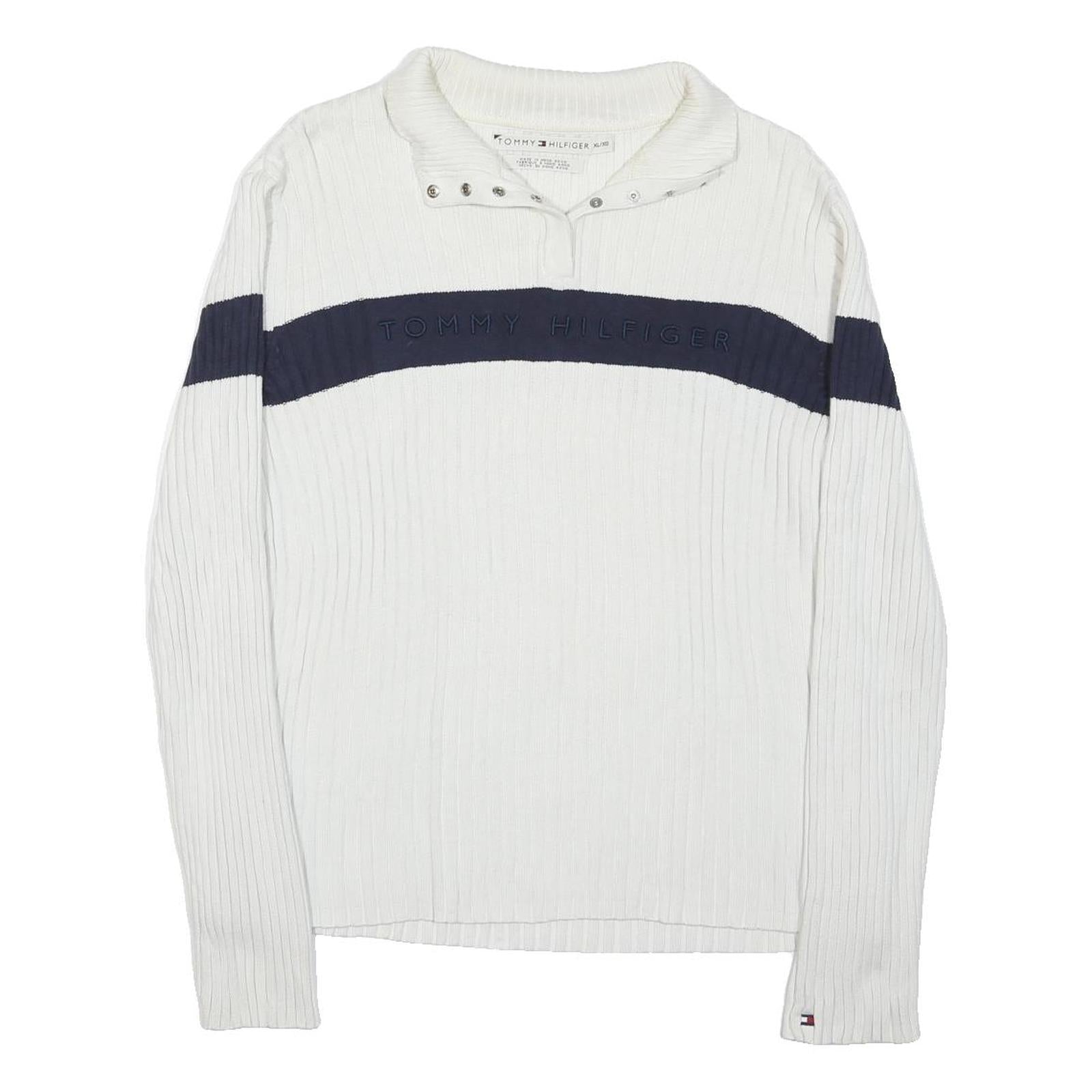 TOMMY HILFIGER Womens White & Navy Plain Pullover Cable Knit Jumper XL Cotton