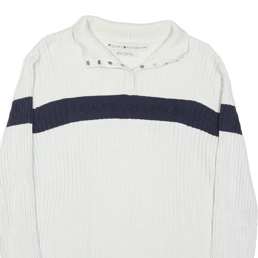 TOMMY HILFIGER Womens White & Navy Plain Pullover Cable Knit Jumper XL Cotton