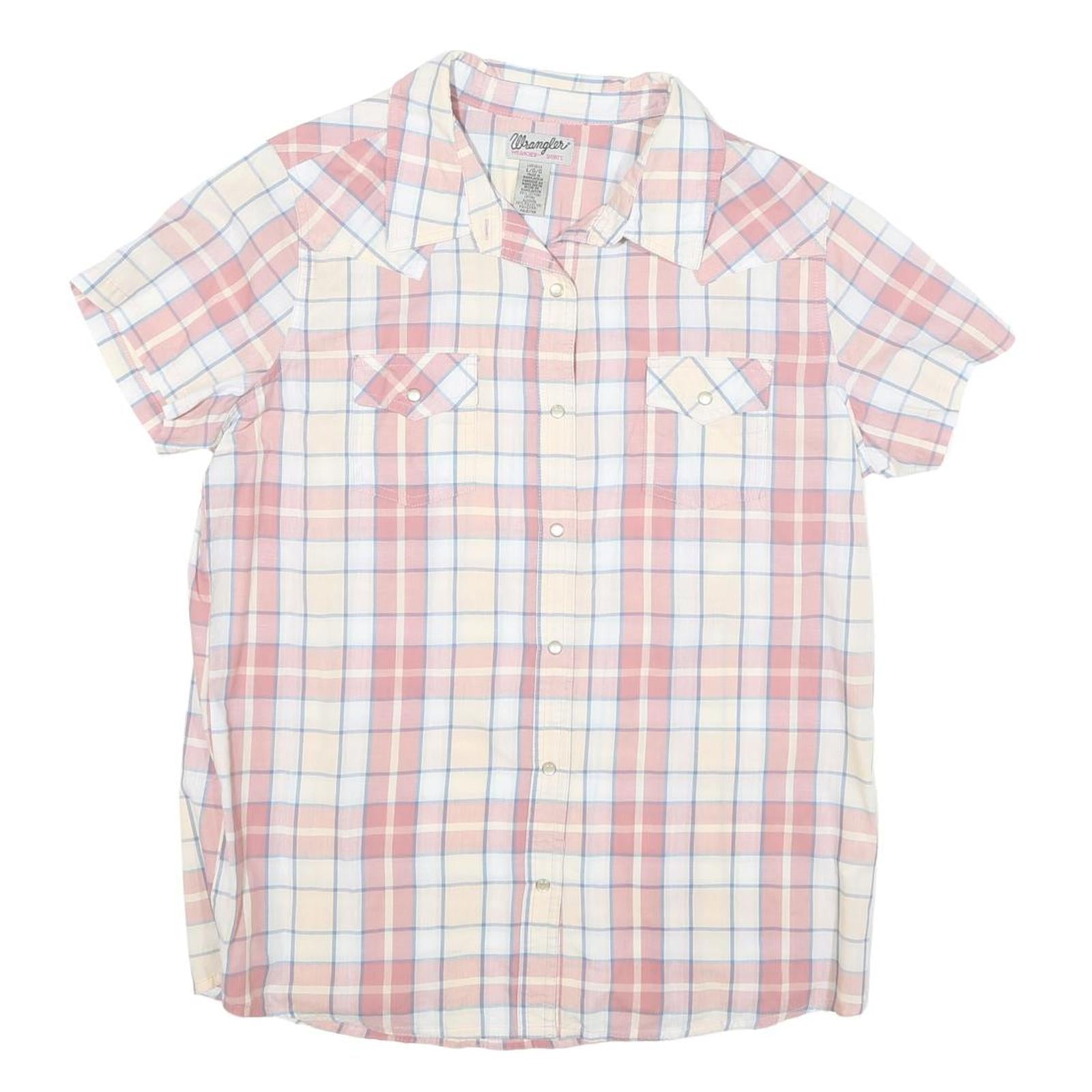 WRANGLER Womens Pink & Cream Check Shirt L Western Style Short Sleeve Summer Top