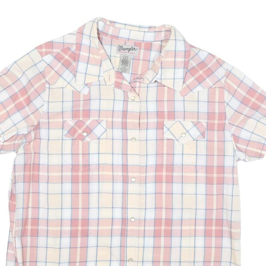 WRANGLER Womens Pink & Cream Check Shirt L Western Style Short Sleeve Summer Top