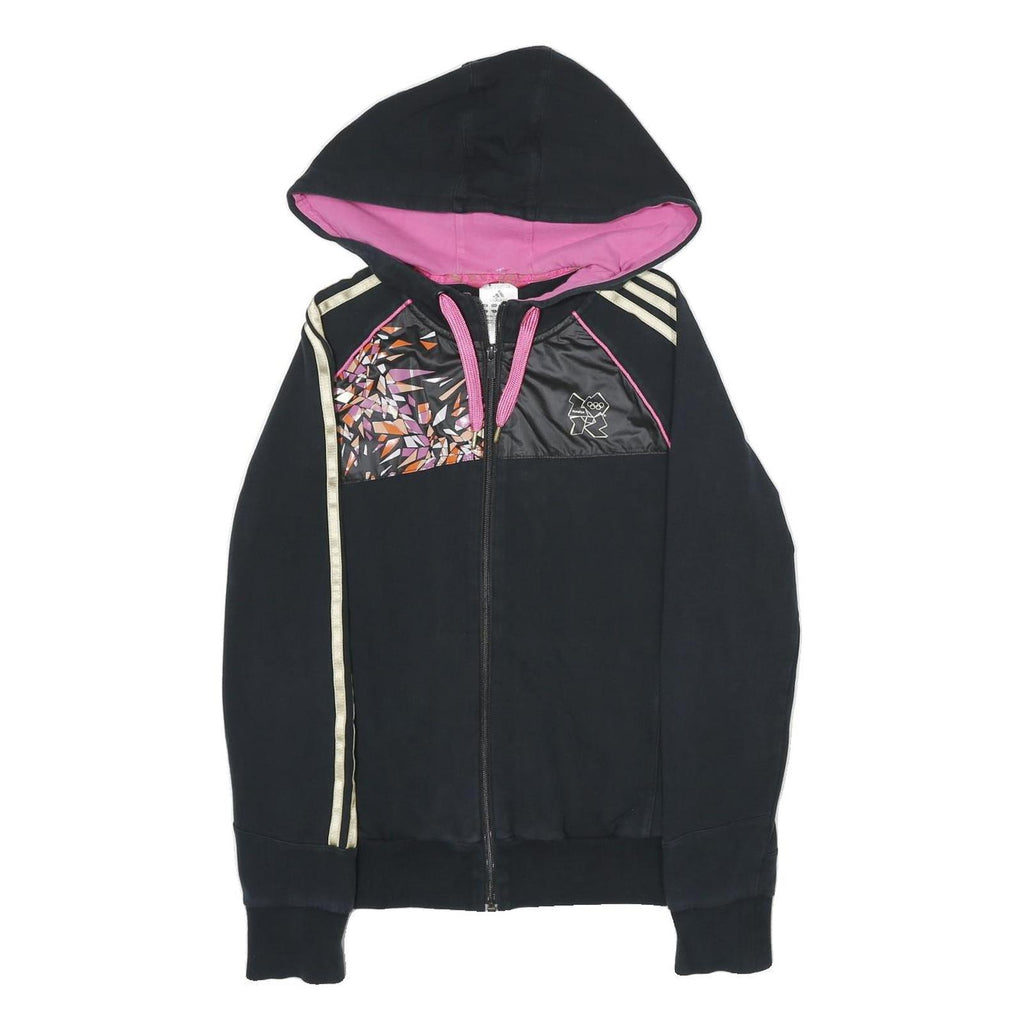 ADIDAS Womens Black & Pink Zip Hoodie UK 12 Cotton Blend Sport Casual