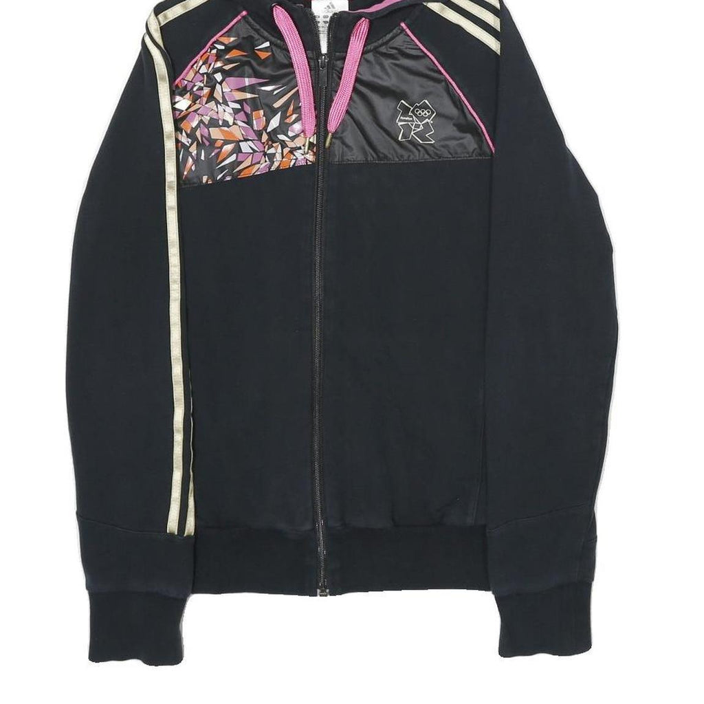 ADIDAS Womens Black & Pink Zip Hoodie UK 12 Cotton Blend Sport Casual