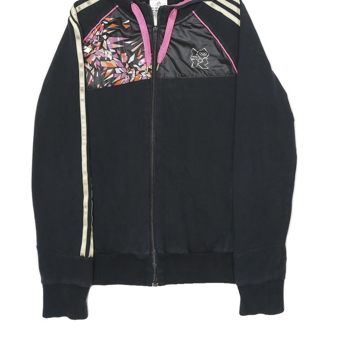 ADIDAS Womens Black & Pink Zip Hoodie UK 12 Cotton Blend Sport Casual