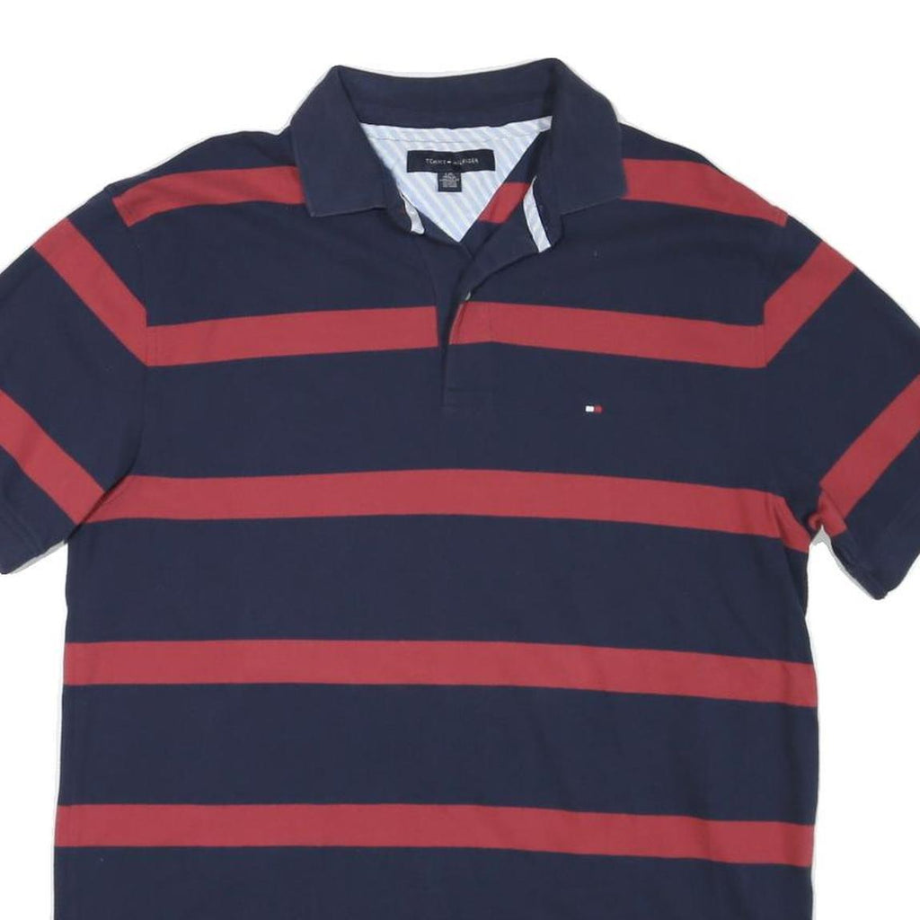 TOMMY HILFIGER Mens Navy & Red Striped Short Sleeve Polo Shirt L Classic Fit