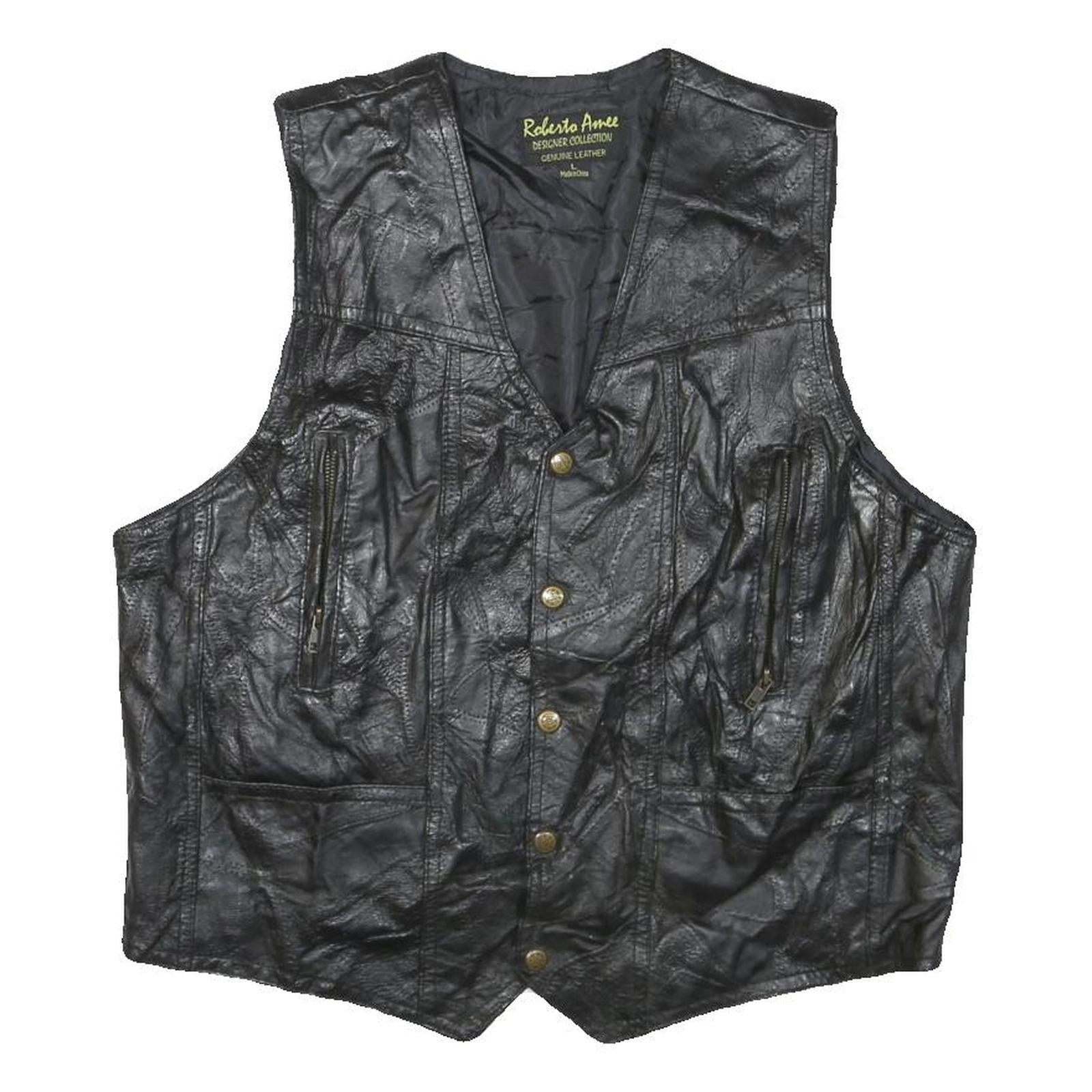 ROLENTA AMEE Mens Black Leather Button Jacket L Genuine Classic Vest