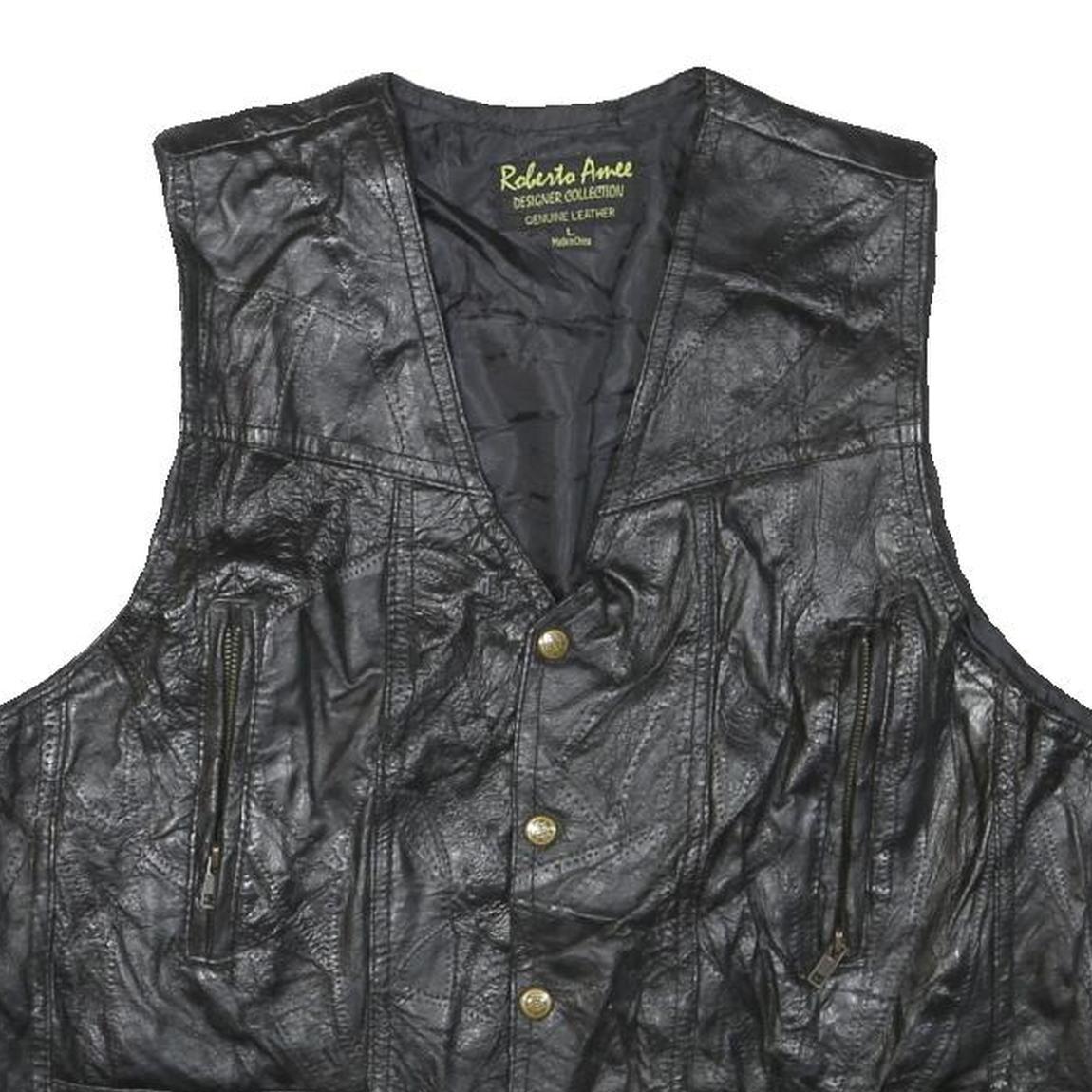 ROLENTA AMEE Mens Black Leather Button Jacket L Genuine Classic Vest