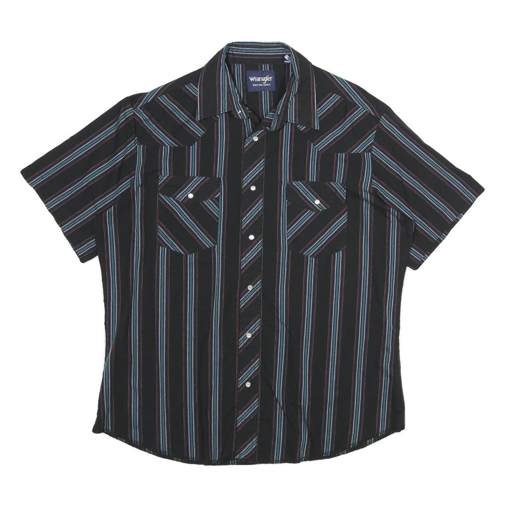 WRANGLER Mens Black & Blue Stripe Western Short Sleeve Shirt L Button Cotton