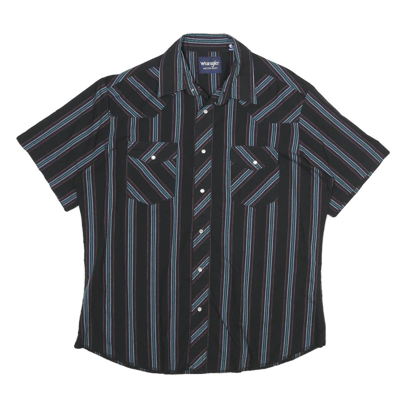 WRANGLER Mens Black & Blue Stripe Western Short Sleeve Shirt L Button Cotton