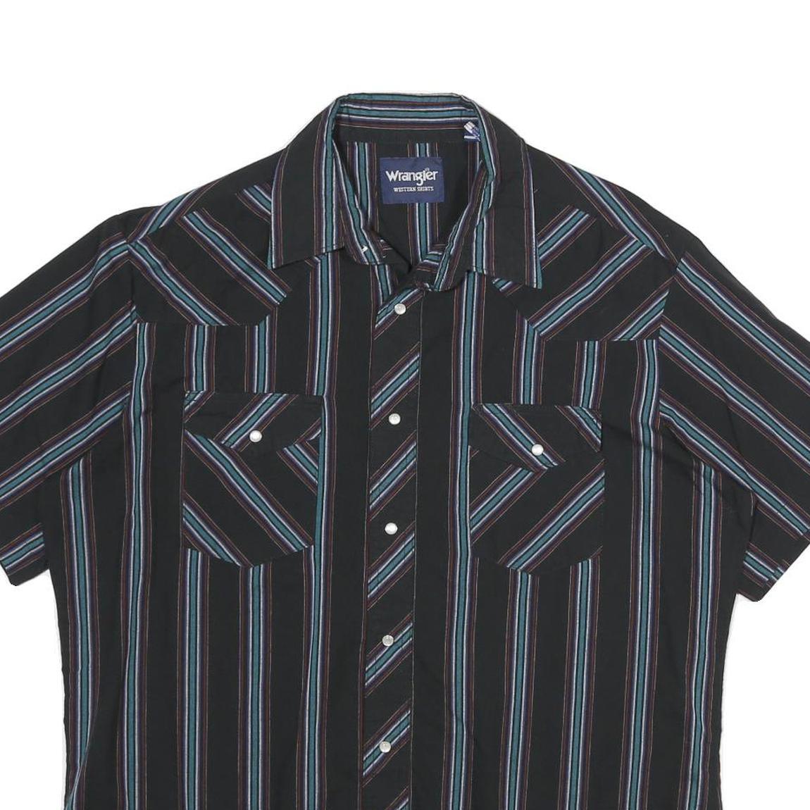 WRANGLER Mens Black & Blue Stripe Western Short Sleeve Shirt L Button Cotton