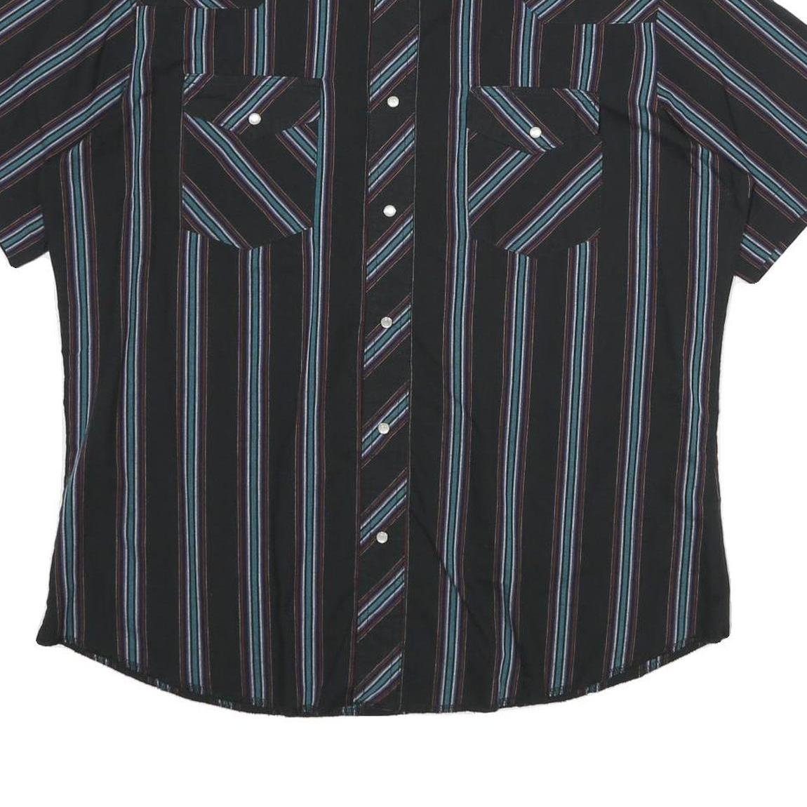 WRANGLER Mens Black & Blue Stripe Western Short Sleeve Shirt L Button Cotton