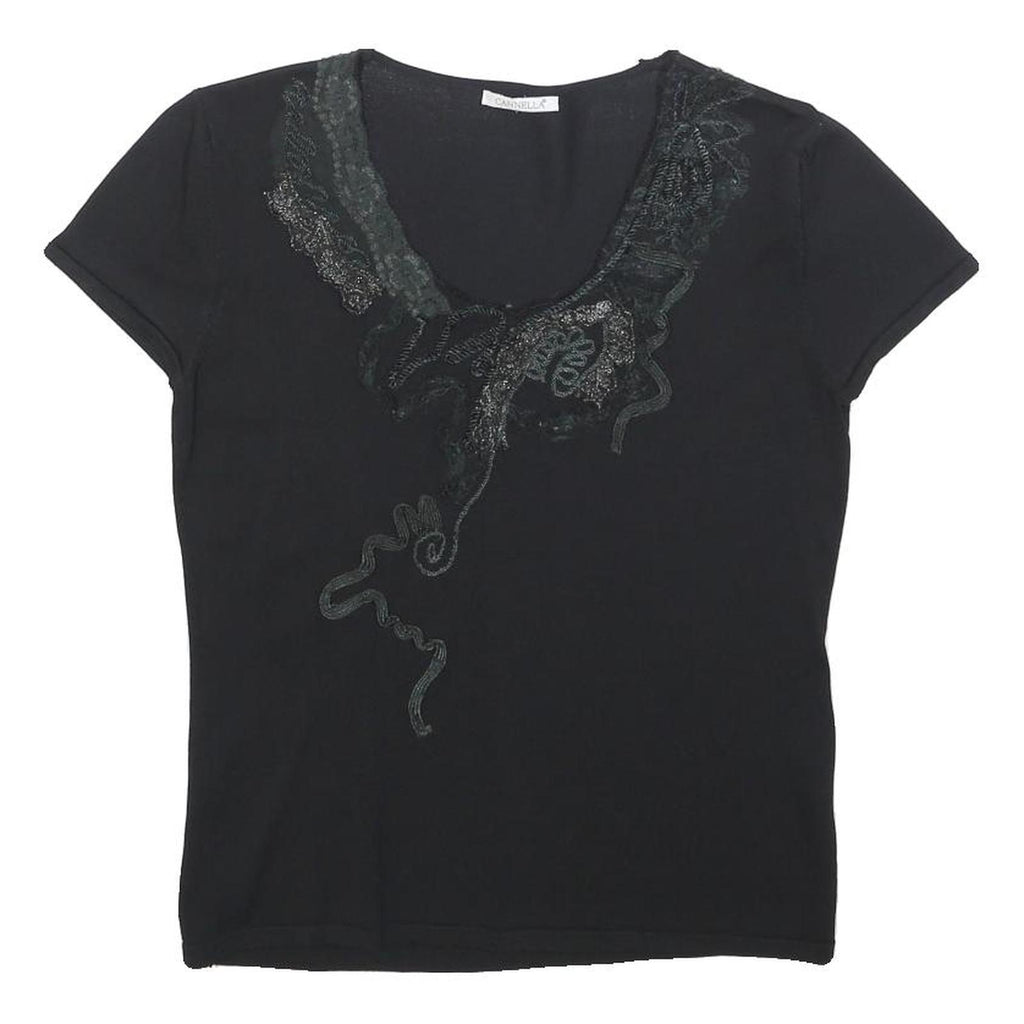 CANNELLA Womens Black Printed Top Short Sleeve Round Neck M Embellished