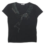 CANNELLA Womens Black Printed Top Short Sleeve Round Neck M Embellished