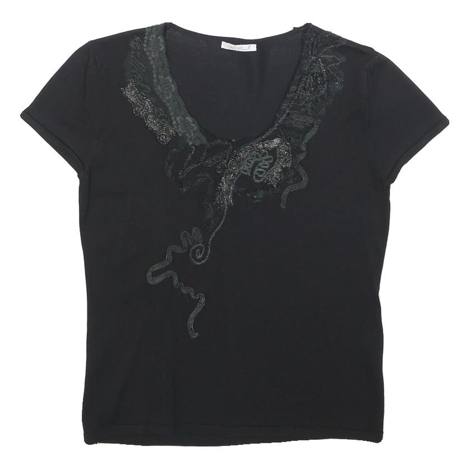 CANNELLA Womens Black Printed Top Short Sleeve Round Neck M Embellished
