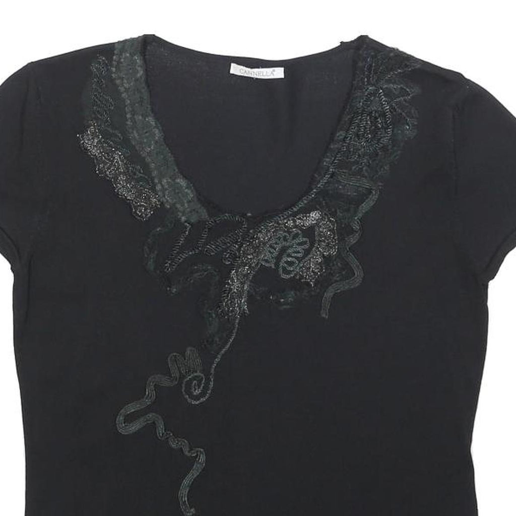 CANNELLA Womens Black Printed Top Short Sleeve Round Neck M Embellished